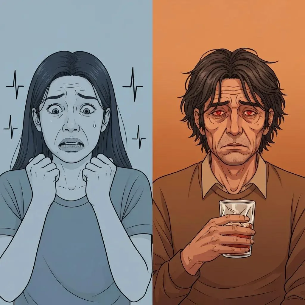 Graphic Showing People Experiencing Anxiety And Substance Use Symptoms To Illustrate Dual Diagnosis