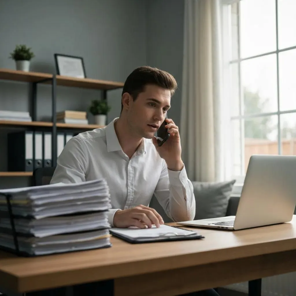 Person At Home Reviewing Insurance Paperwork While Making A Call