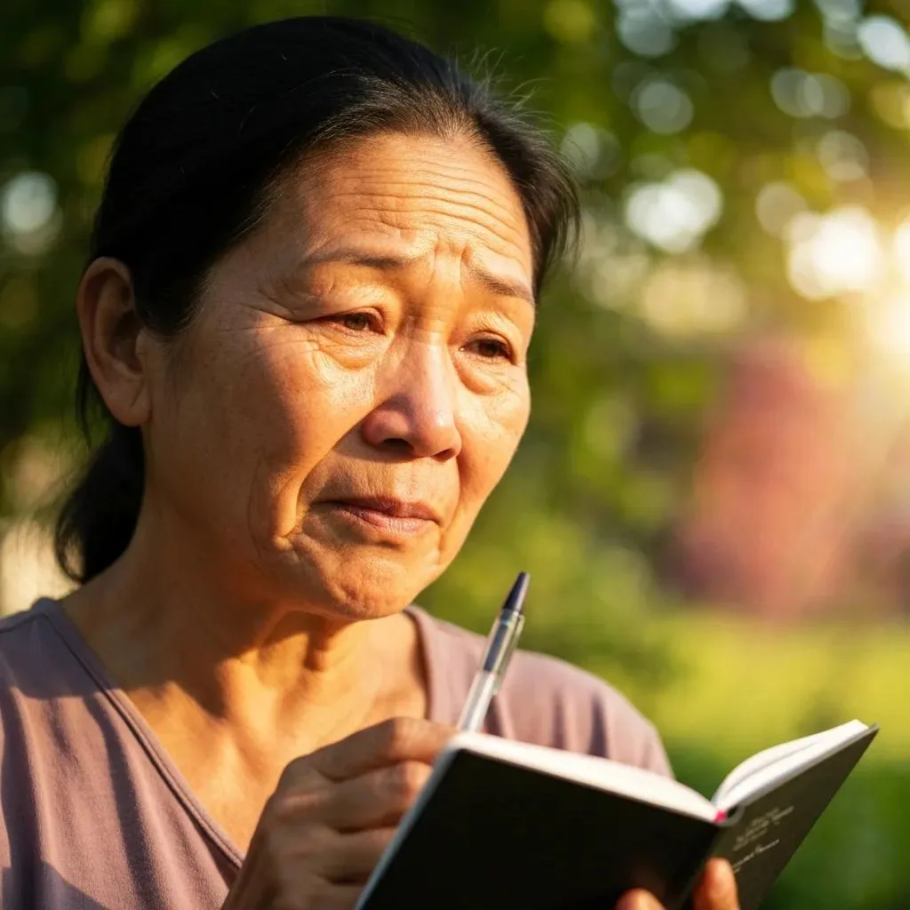 Individual reflecting on personal addiction recovery journey while writing in a notebook in a serene outdoor setting.