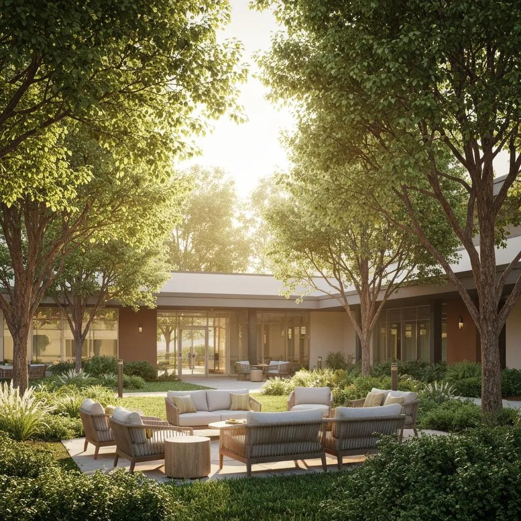 Modern rehabilitation center in California with serene outdoor space, symbolizing hope and recovery