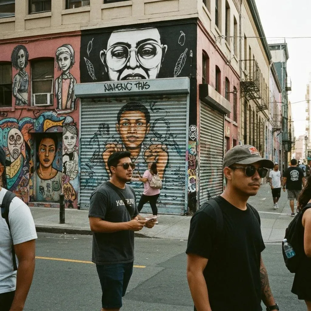 People walking in a vibrant urban setting with colorful street art, featuring portraits and graffiti, illustrating community engagement and artistic expression.