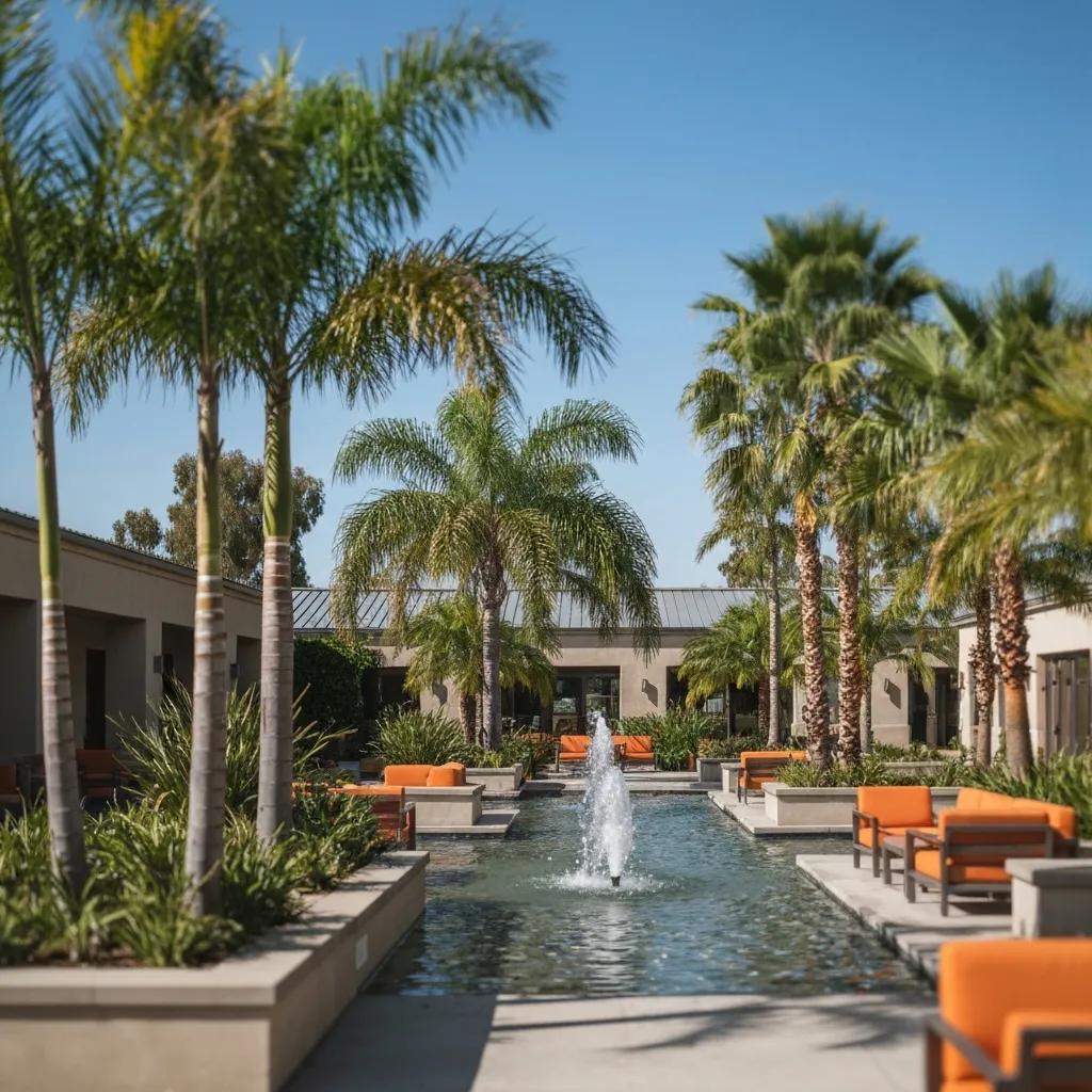 Rehabilitation center in California with tranquil outdoor space, palm trees, and calming water feature