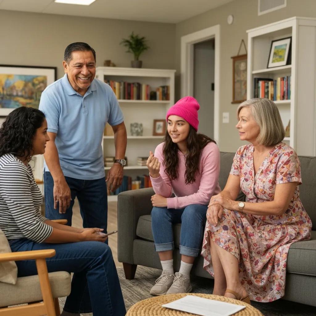 Supportive group discussing addiction treatment options in a warm environment