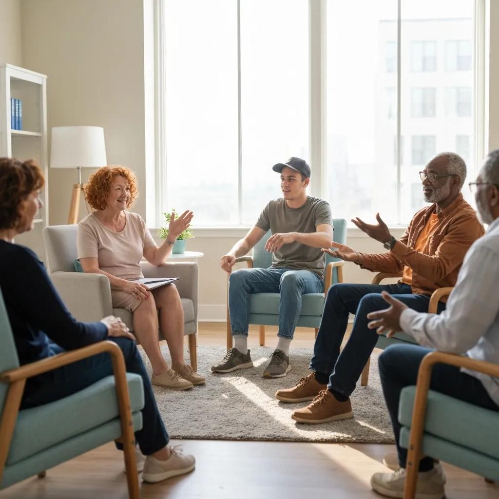 Supportive group therapy session for addiction recovery in a bright, inviting environment, featuring a diverse group of participants engaged in discussion.
