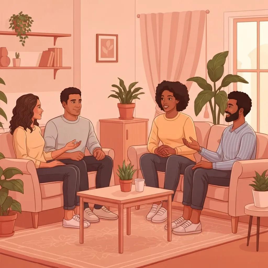 Supportive group therapy session for addiction recovery featuring diverse individuals engaged in conversation in a cozy, plant-filled setting.