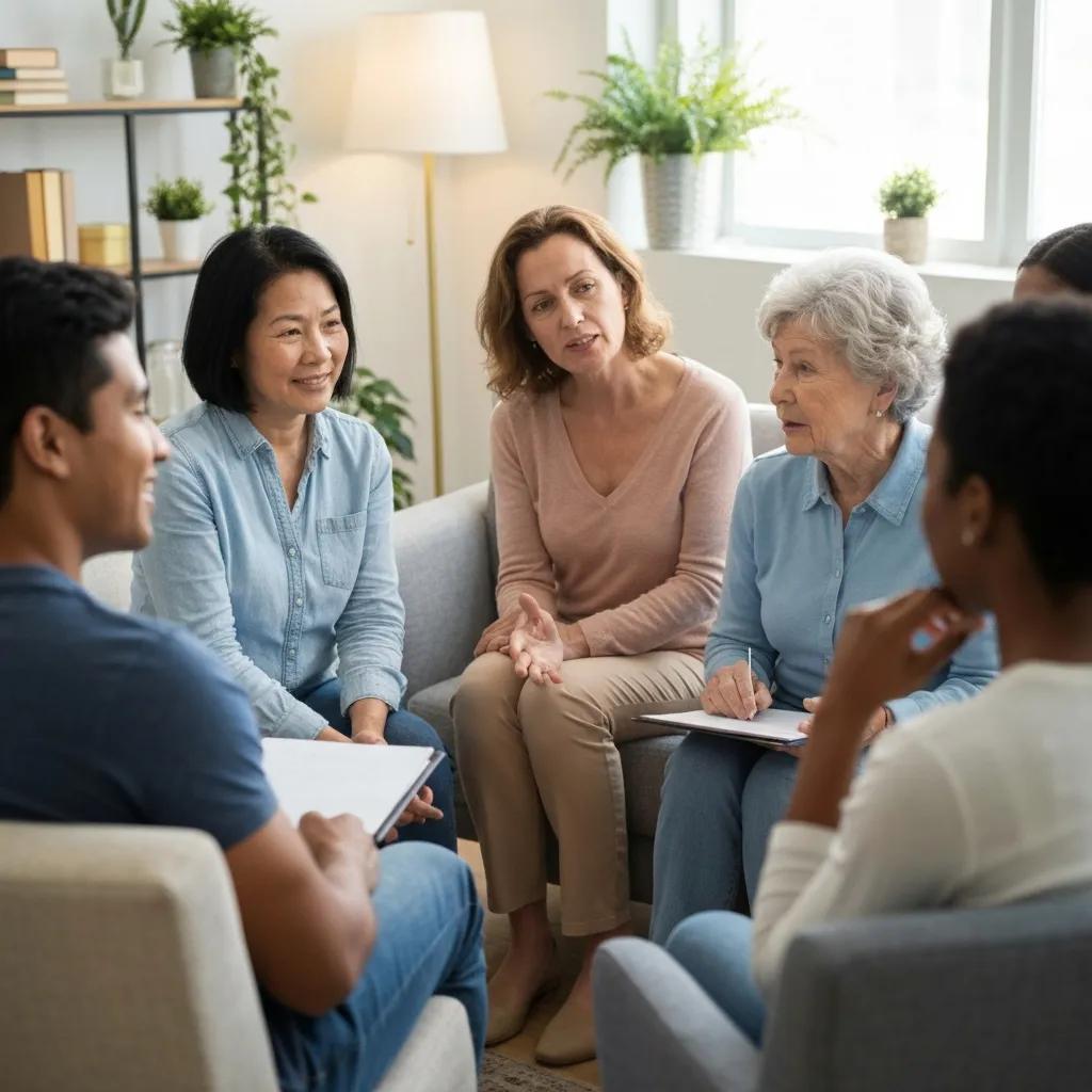 Supportive group therapy session for affordable recovery programs, emphasizing community and connection