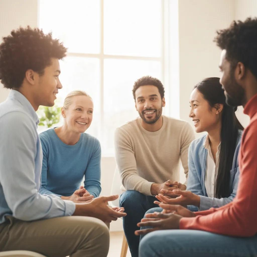 Supportive group therapy session illustrating addiction treatment success and emotional connections