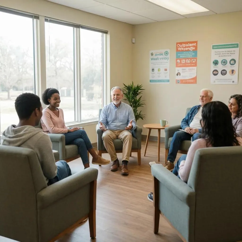 Group therapy session in a supportive outpatient setting, featuring diverse individuals engaged in discussion, emphasizing community and recovery in alcohol treatment.