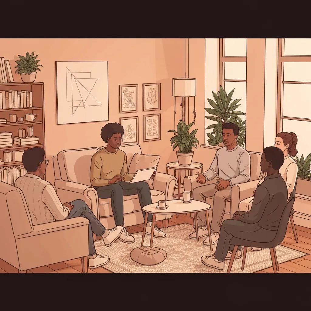 Supportive therapy session for addiction recovery with diverse individuals in a cozy environment