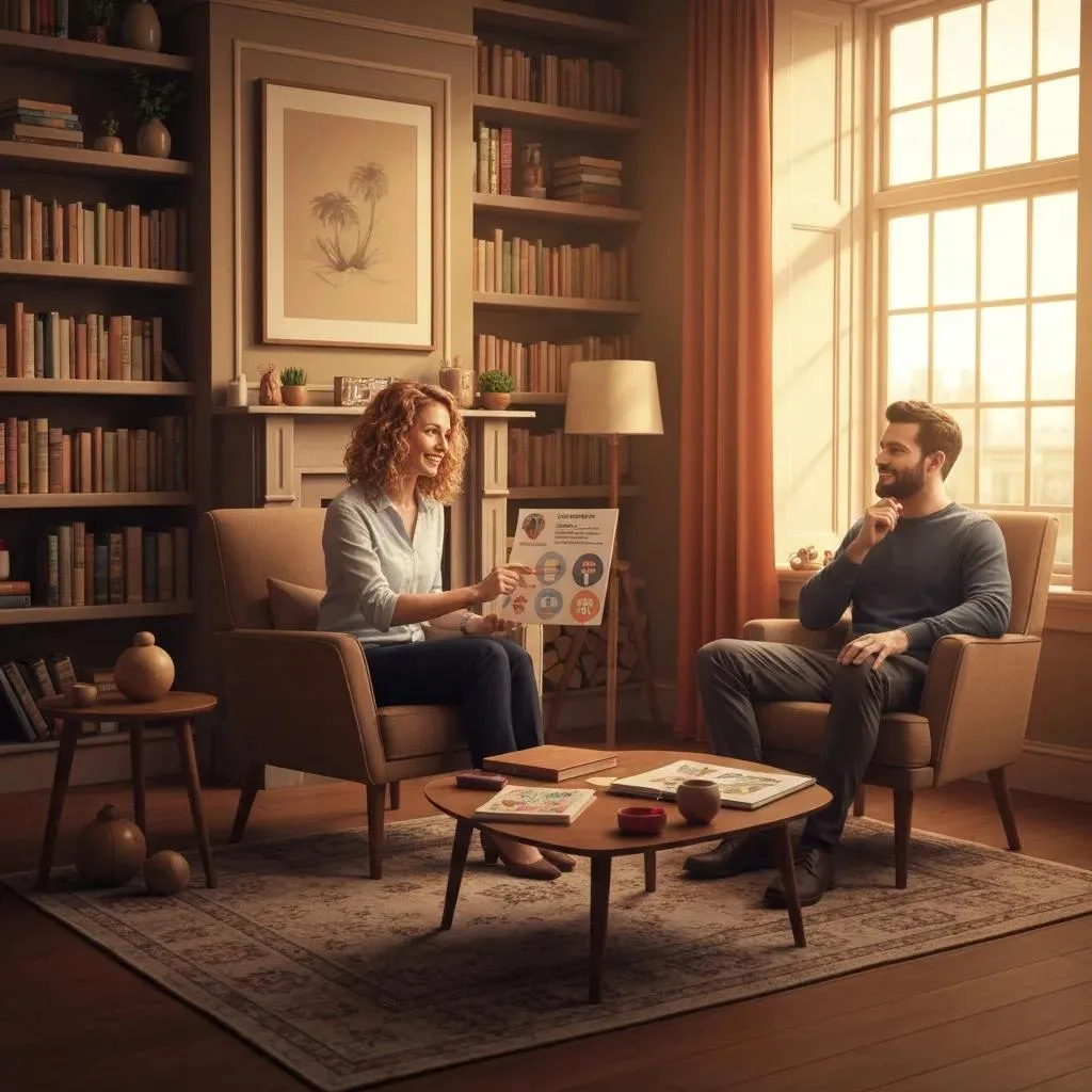 Therapist And Patient Practicing Cbt Relapse‑Prevention Techniques During A Session In A Comfortable Office