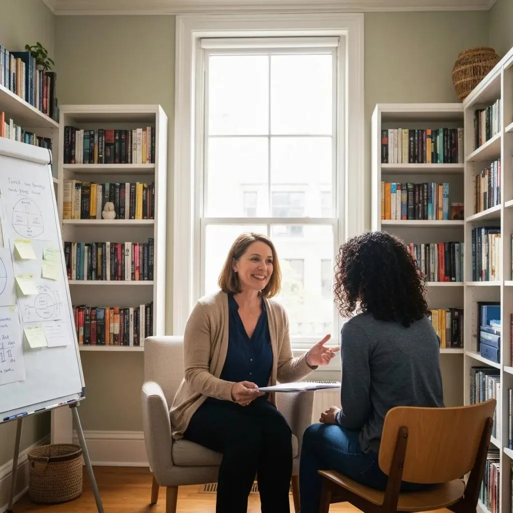 Therapist Demonstrating Cognitive Restructuring Techniques To A Client In A Cozy Office Setting