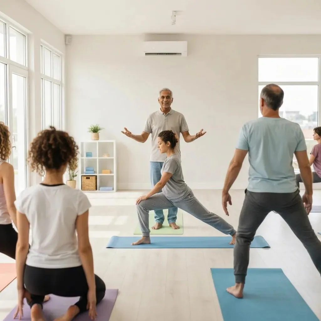 Therapist Guiding A Gentle Yoga Class As Part Of An Integrated Treatment Program