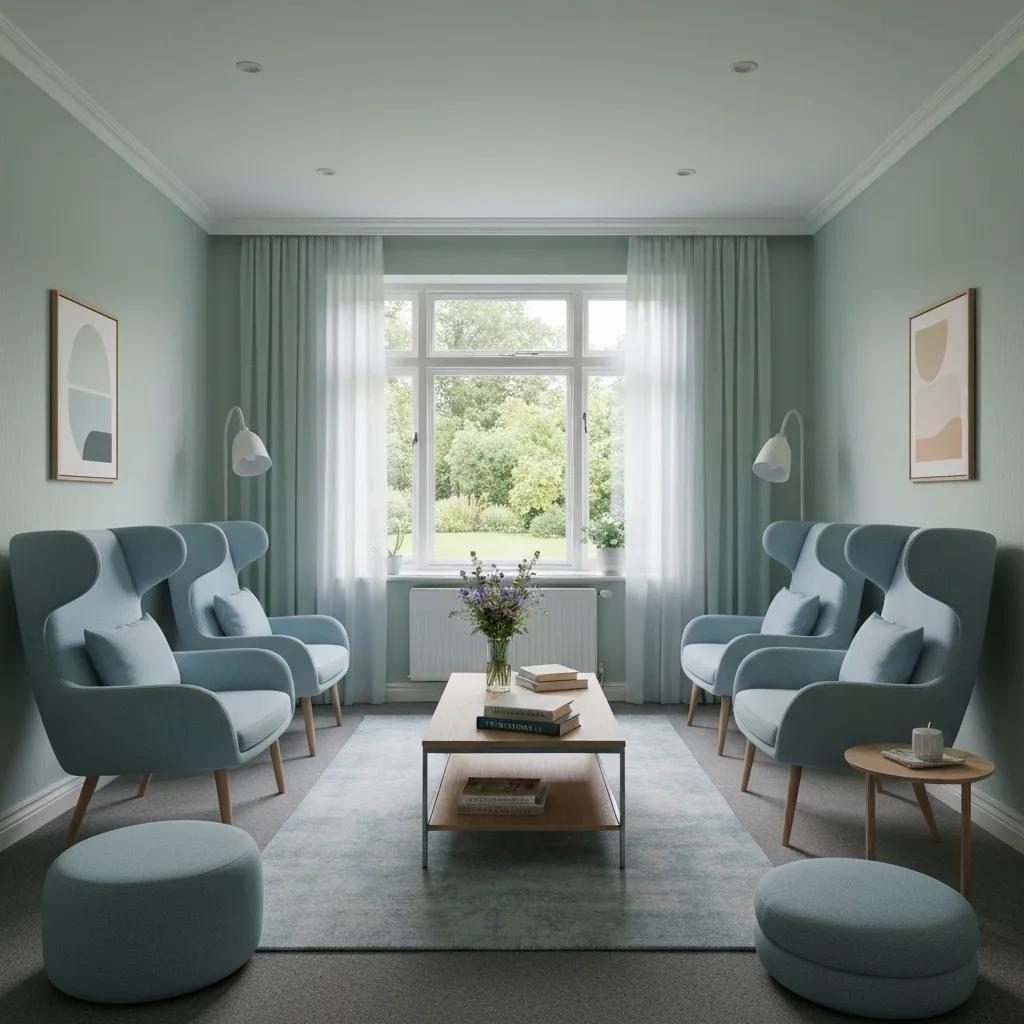 Therapy room designed for addiction recovery, featuring comfortable seating and calming decor