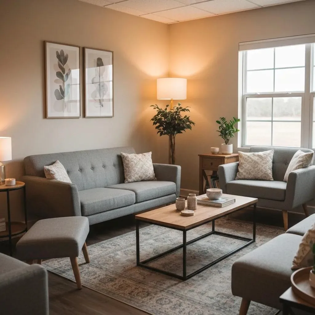 How Behavioral Therapy Transforms Addiction Treatment Effectiveness Cozy therapy room designed for behavioral therapy, featuring comfortable gray seating, calming decor, and natural light, promoting a supportive environment for addiction treatment.