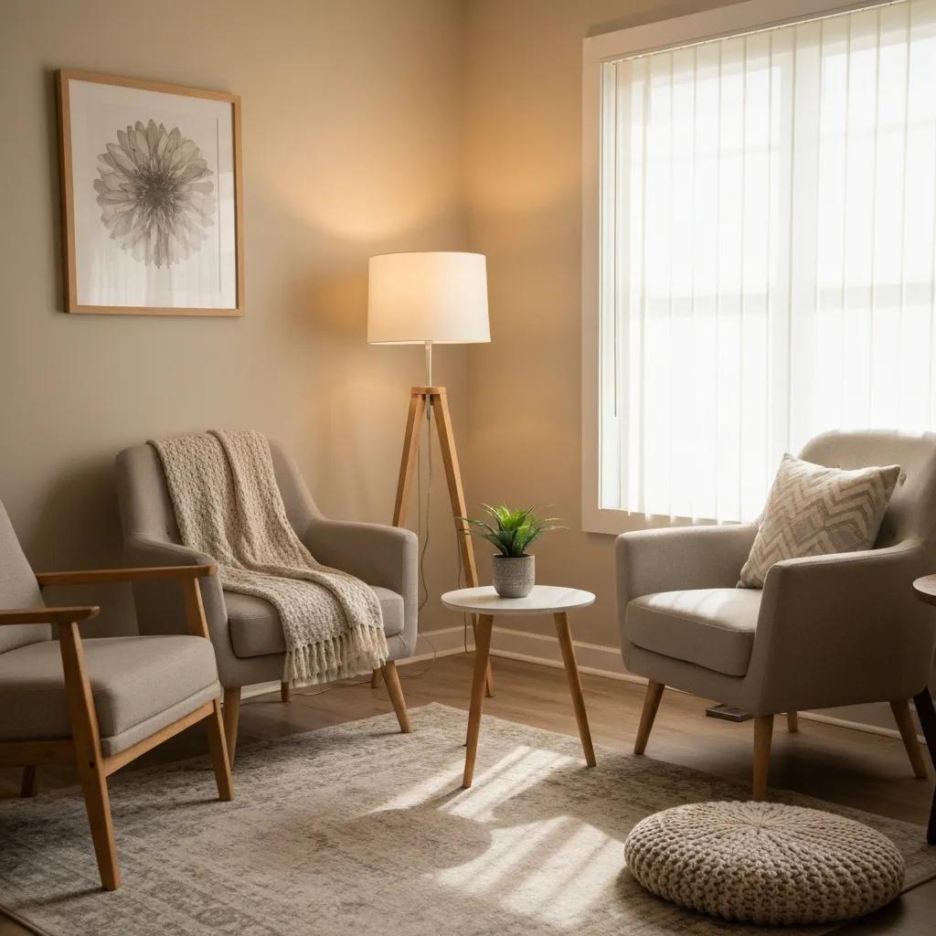 Therapy room designed for dual diagnosis treatment, featuring comfortable seating and calming decor