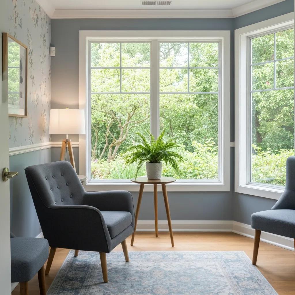 Therapy room designed for individual counseling, featuring comfortable seating and calming decor