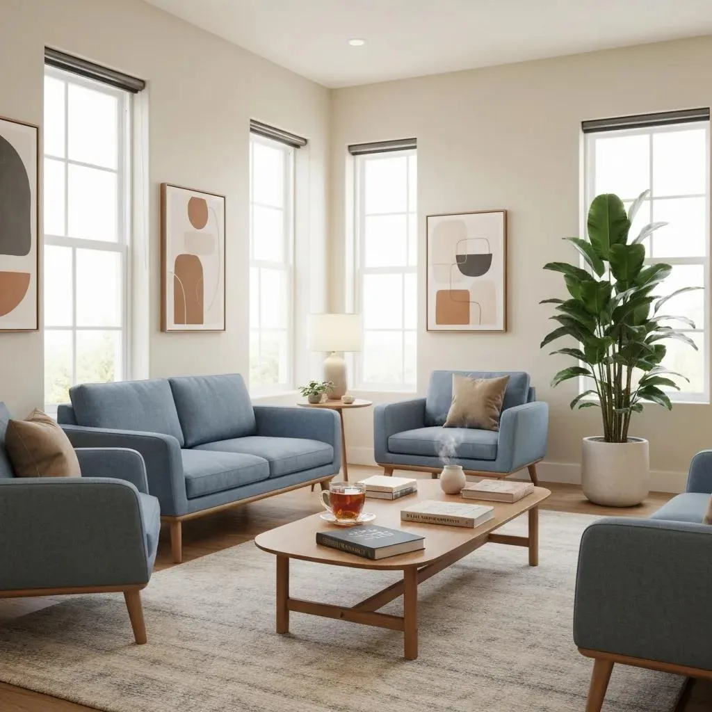 Therapy Room Designed For Recovery, Featuring Comfortable Seating And Calming Decor