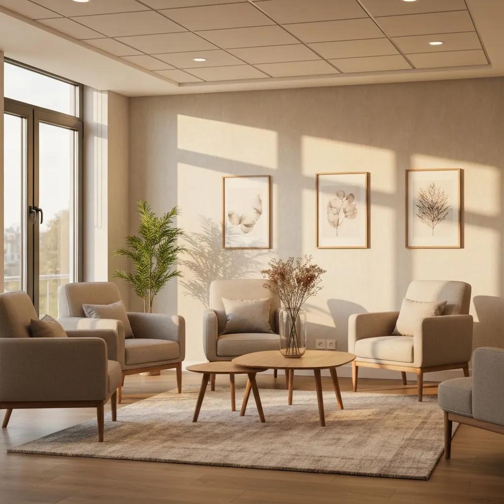 Therapy room featuring comfortable seating, calming decor, and natural light, representing the supportive environment of group therapy and individual therapy options at Emulate Outpatient Treatment Center.