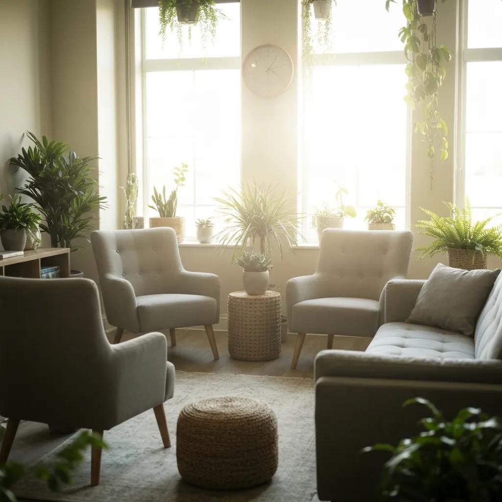 Therapy room with natural light and calming decor, symbolizing holistic addiction recovery