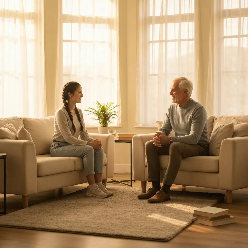Young woman and older man engaged in a cognitive-behavioral therapy session in a bright, comfortable room, emphasizing addiction recovery support and therapeutic dialogue.
