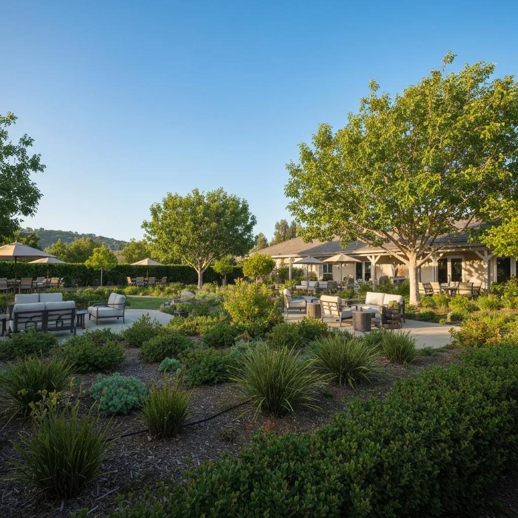 Tranquil outdoor recovery center in California featuring lush greenery, inviting seating areas, and shaded spots, symbolizing hope in addiction treatment.