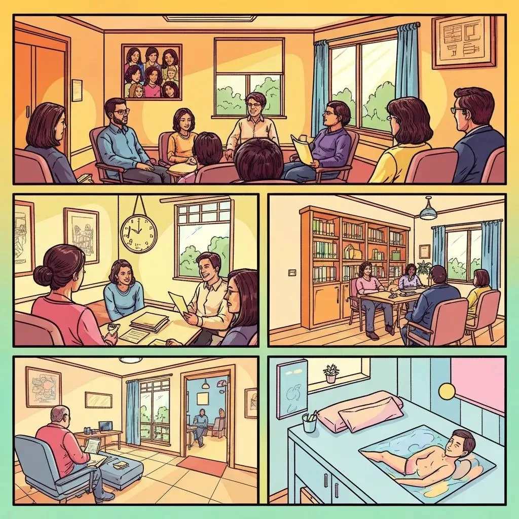 How Does Medicare Cover Addiction Treatment? Illustration depicting various addiction treatment settings, including group therapy sessions, individual counseling, and a patient in a relaxation area, emphasizing comprehensive care options covered by Medicare for substance use disorder (SUD) treatments.