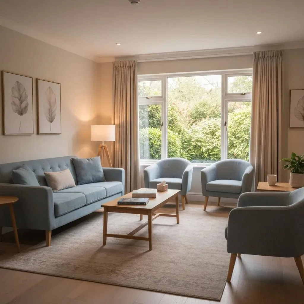 Welcoming Therapy Room Designed For Cognitive-Behavioral Therapy Sessions, Featuring Comfortable Seating And Calming Decor