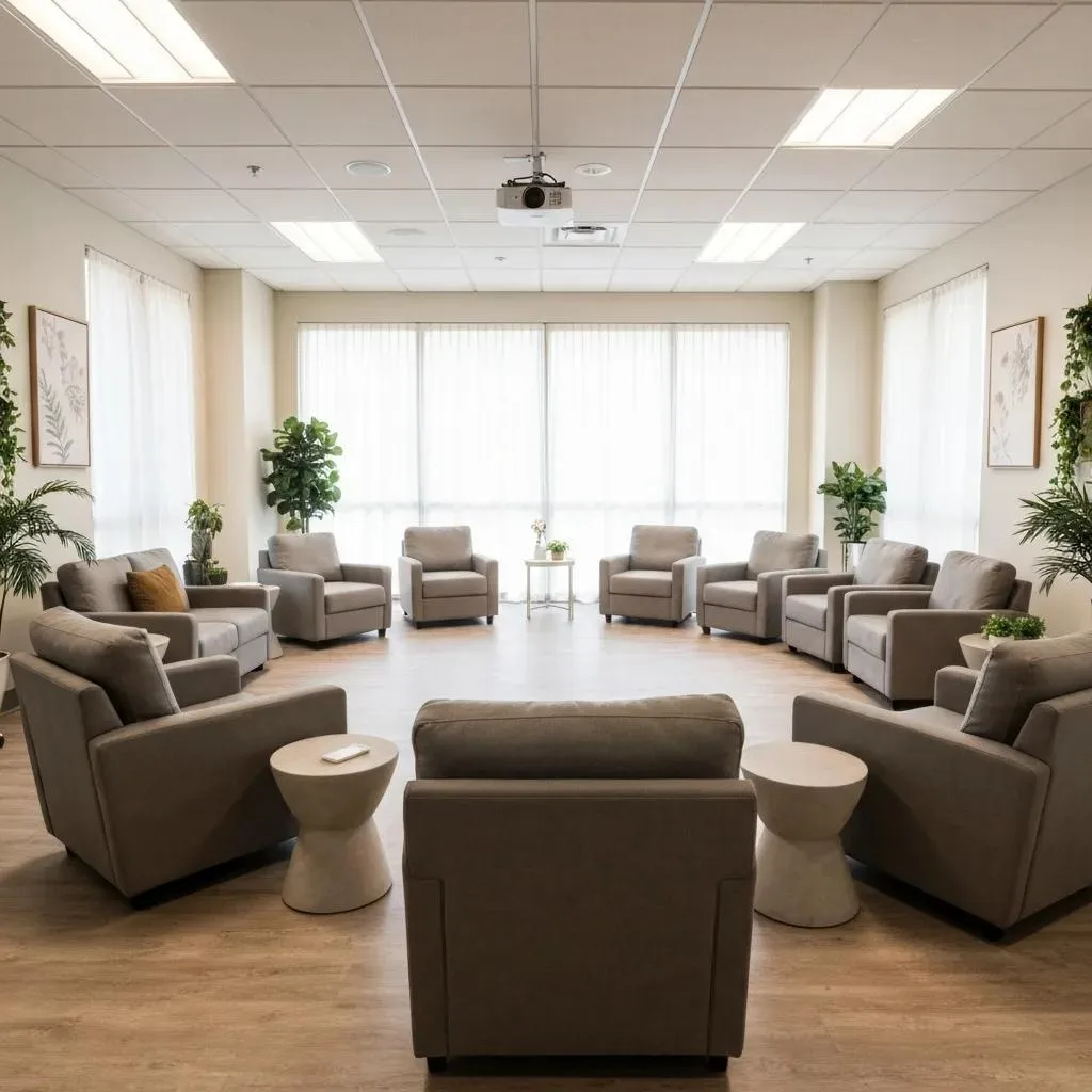 Welcoming Therapy Room Designed For Group Sessions, Emphasizing Comfort And Support