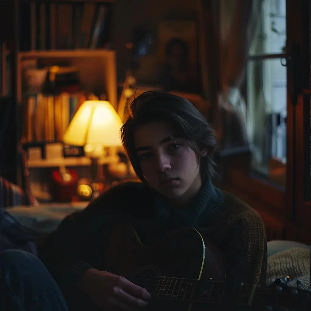 Mental Health Treatment For Teens Teen playing guitar in a cozy room with warm lighting, reflecting emotional expression and potential signs of mood or anxiety disorders.