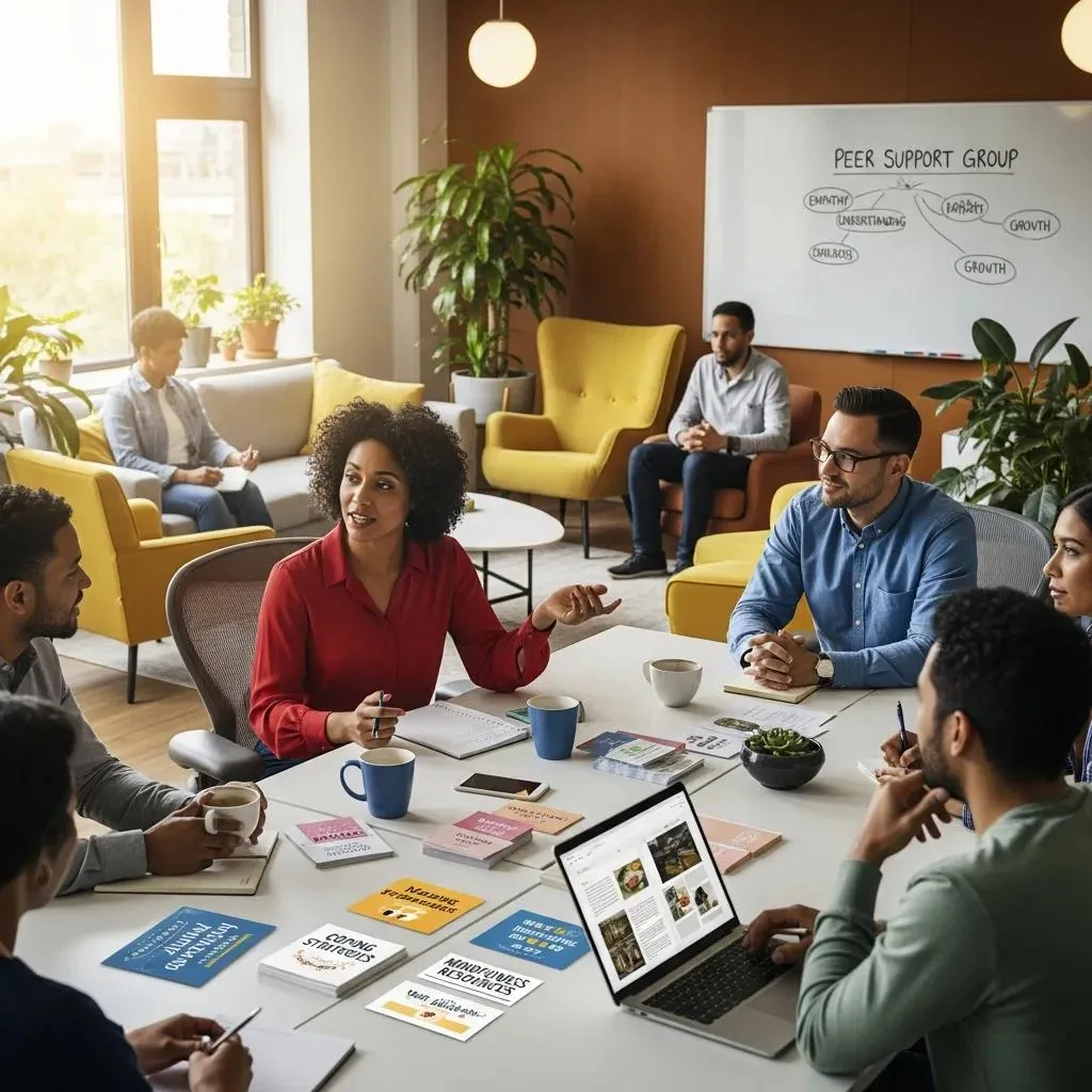 A Diverse Group Of Employees Engaged In A Peer Support Meeting In A Collaborative Workspace, Emphasizing Workplace Support Systems