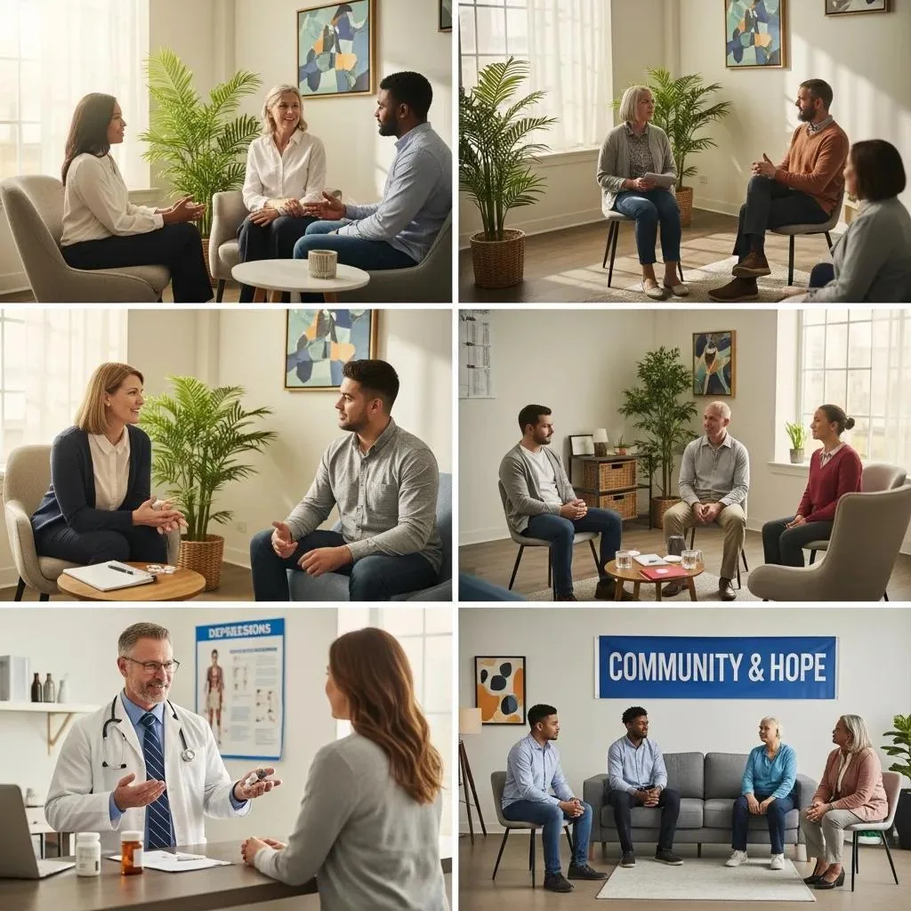 A Diverse Group Of Individuals Participating In Various Treatment Options For Depression, Emphasizing Community Support And Recovery