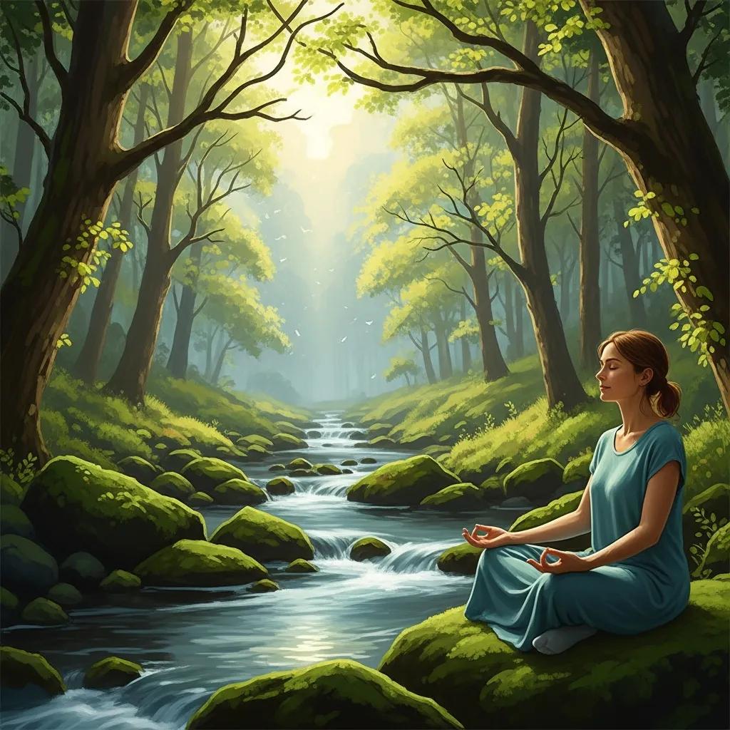 A peaceful forest scene with sunlight filtering through trees, representing healing and recovery from trauma