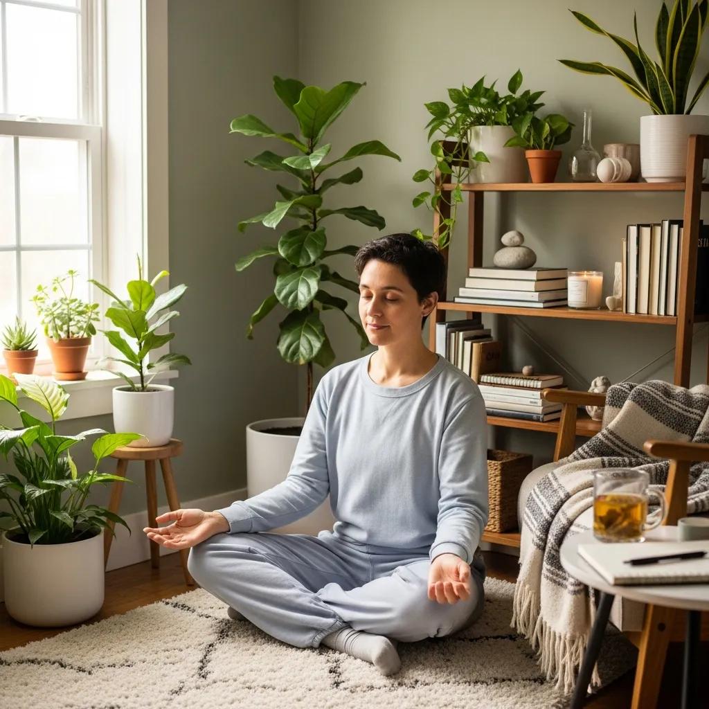 A peaceful room setting with a person practicing mindfulness, symbolizing emotional regulation and support for Borderline Personality Disorder