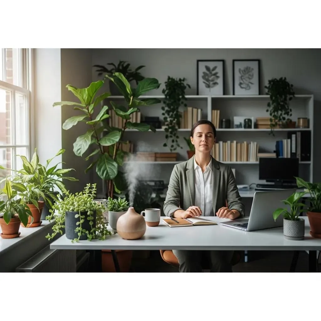 A Person Practicing Mindfulness At Their Desk In A Bright Office, Symbolizing Work-Life Balance And Mental Health
