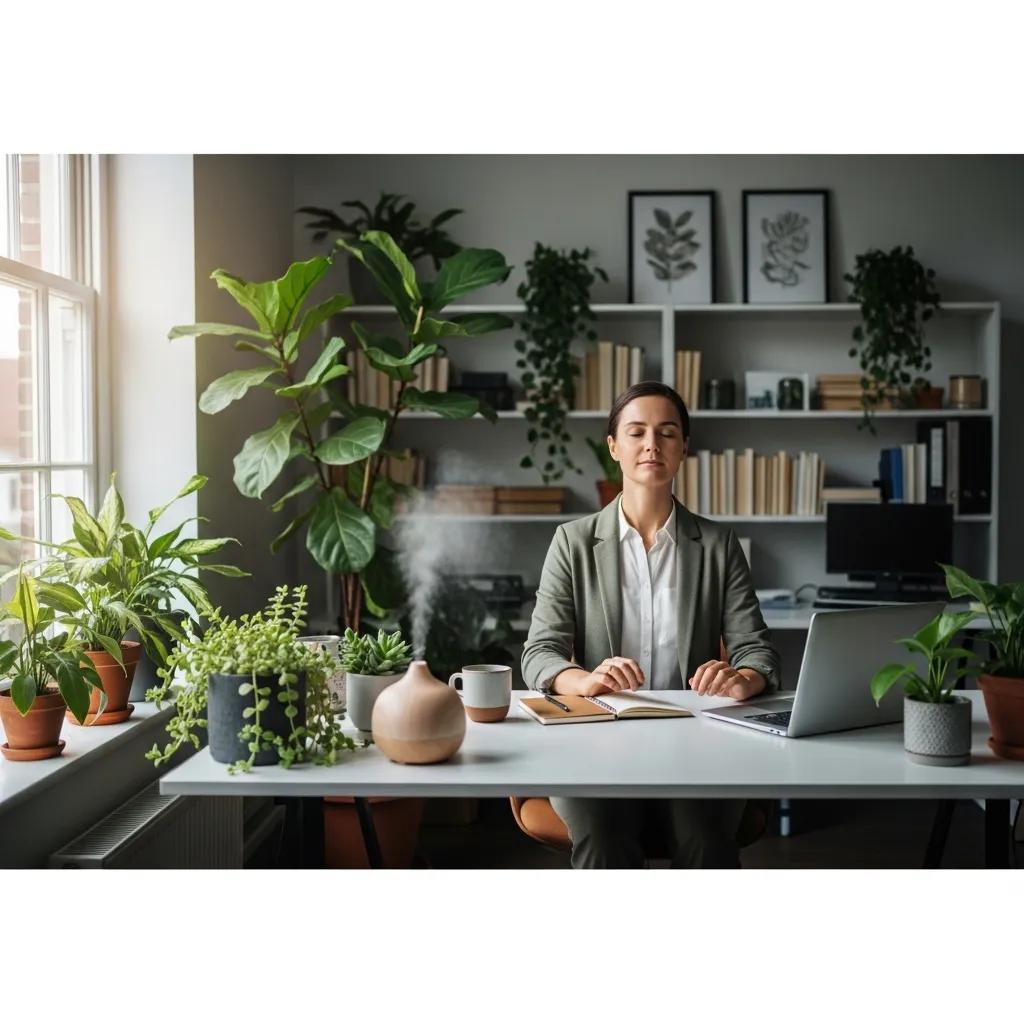 A person practicing mindfulness at their desk in a bright office, symbolizing work-life balance and mental health