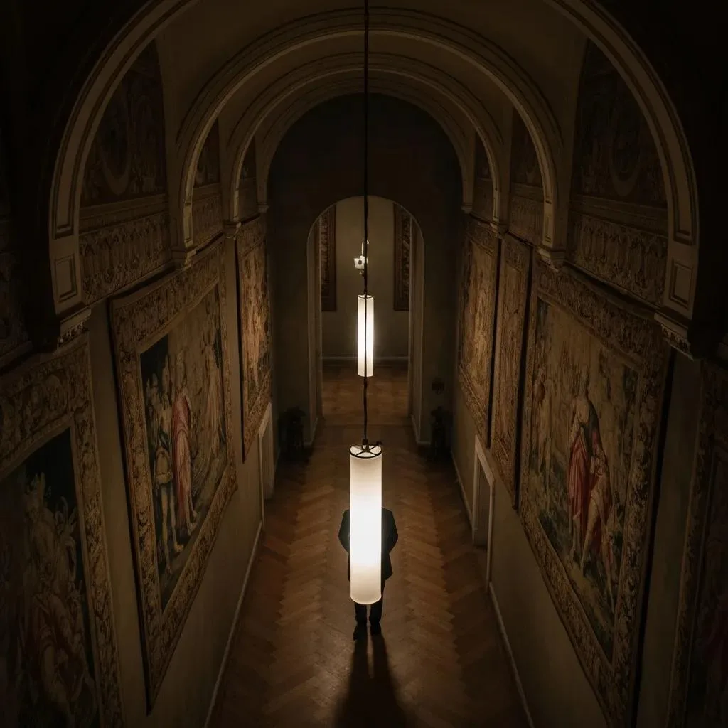 Person standing in a dimly lit hallway with decorative tapestries, representing a calming environment for mindfulness and effective treatment for Acute Stress Disorder.