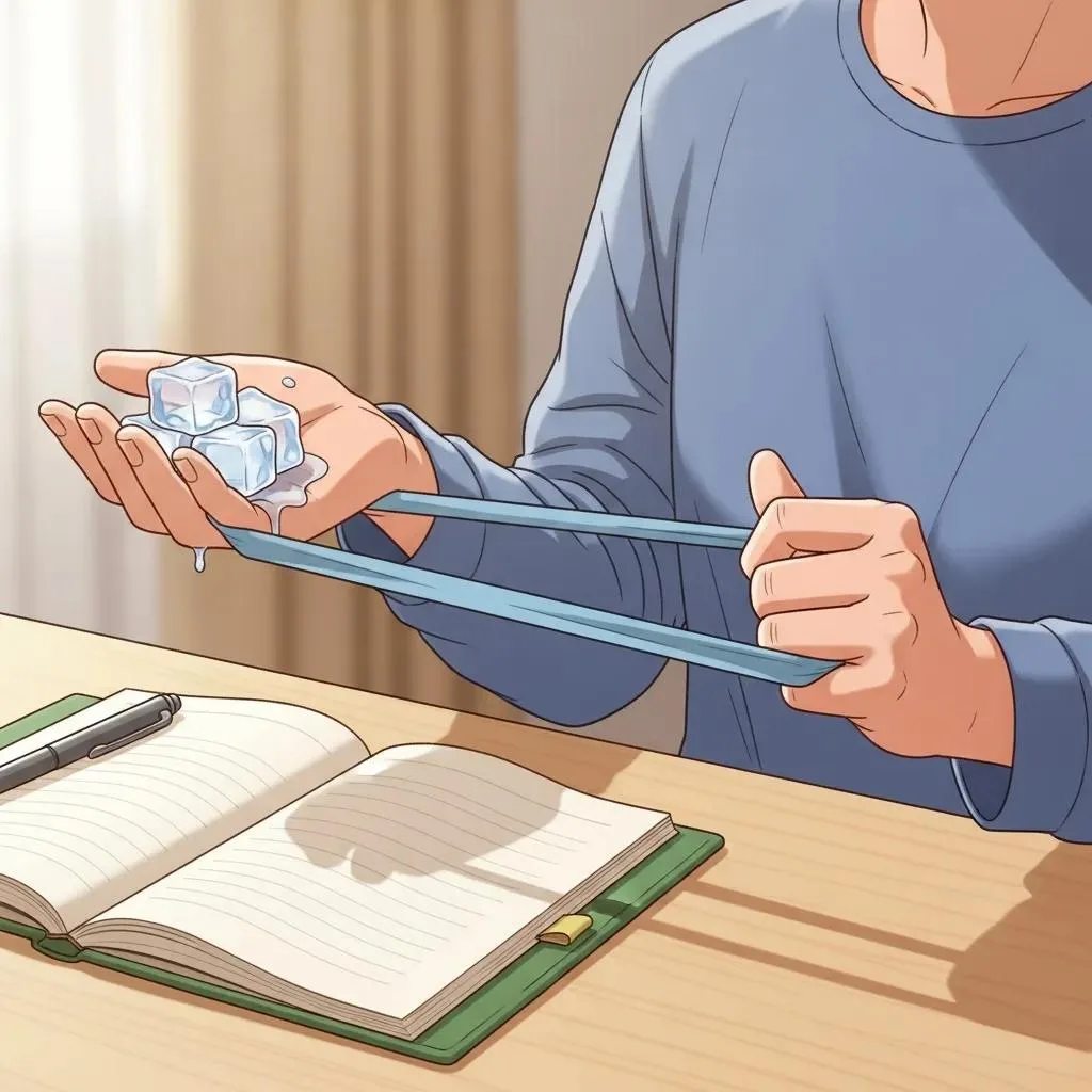 A Person Using Healthy Coping Mechanisms Like An Elastic Band And Ice Cubes, Representing Alternatives To Self-Harm