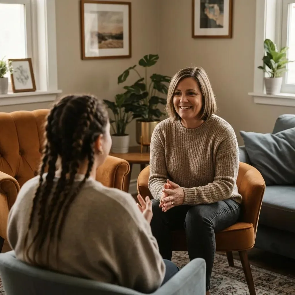 Therapist and patient engaged in a supportive therapy session, illustrating effective therapeutic approaches for Acute Stress Disorder in a cozy counseling setting.