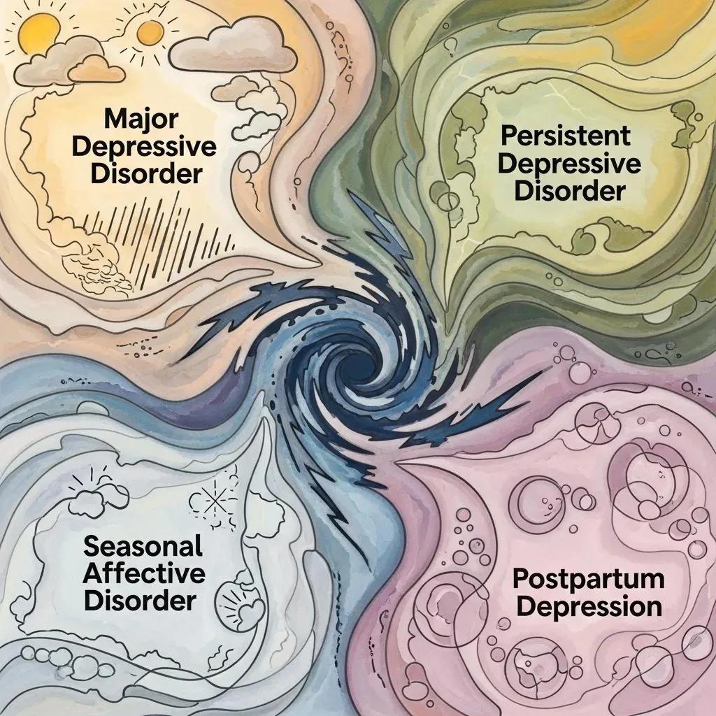 Abstract Illustrations Representing Different Types Of Depressive Disorders, Highlighting The Spectrum Of Mental Health