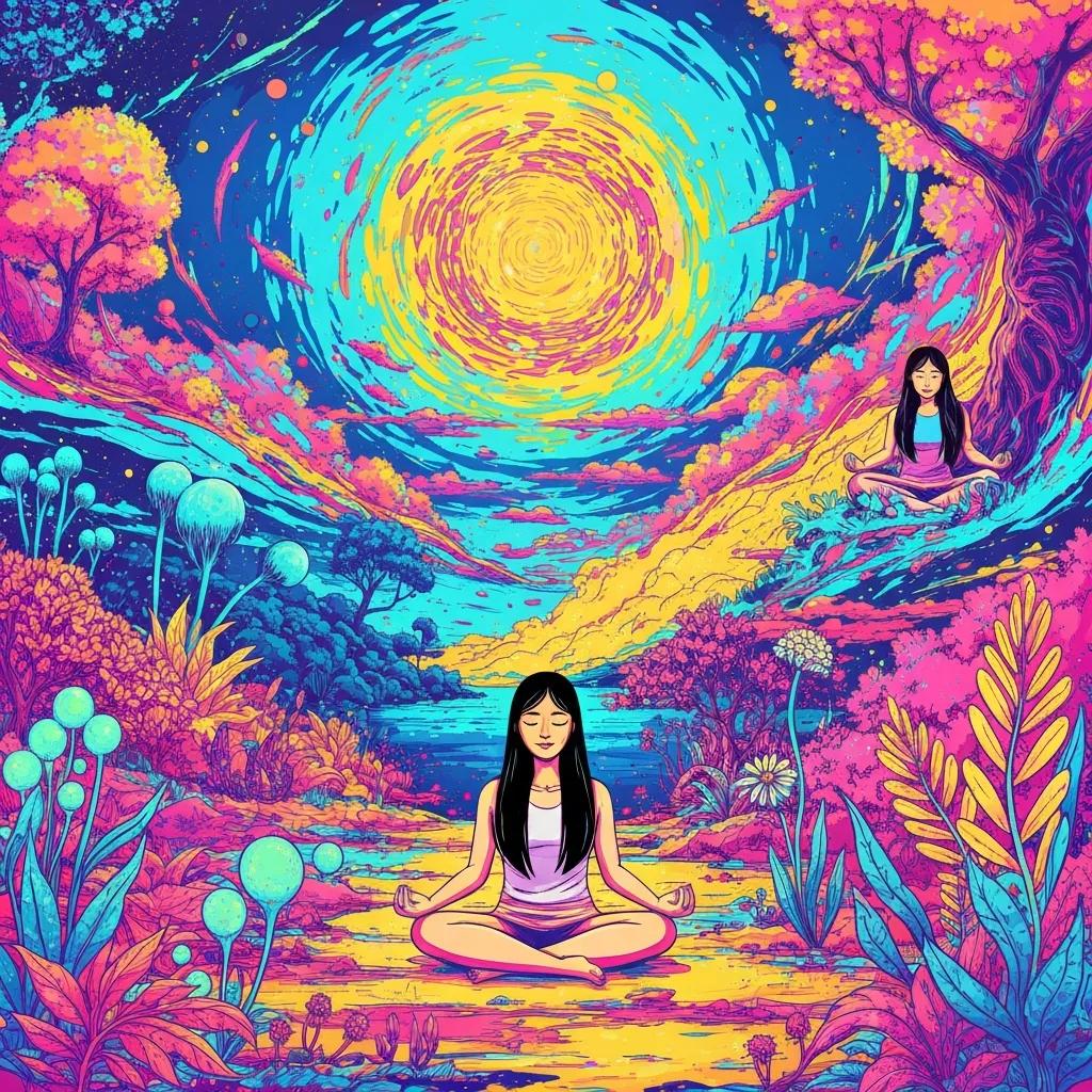 Colorful Abstract Scene Suggesting A Reflective, Guided Psychedelic Therapy Experience