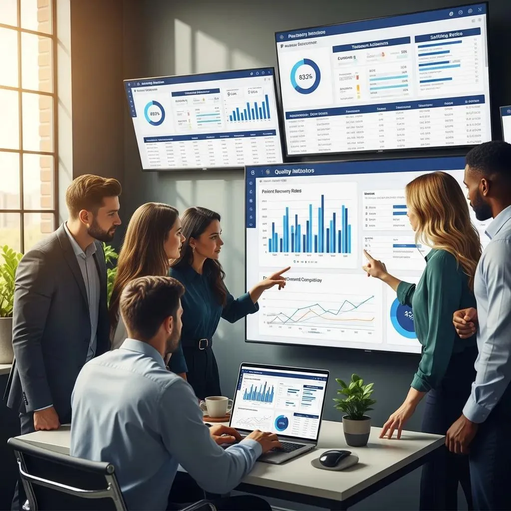 Addiction Treatment Professionals Analyzing Quality Indicators On A Digital Dashboard, Showcasing Teamwork And Data-Driven Decisions
