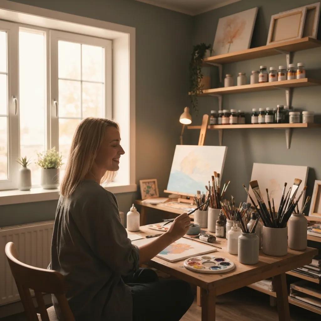 Art therapy studio with art supplies and a person painting, emphasizing emotional healing and creative expression