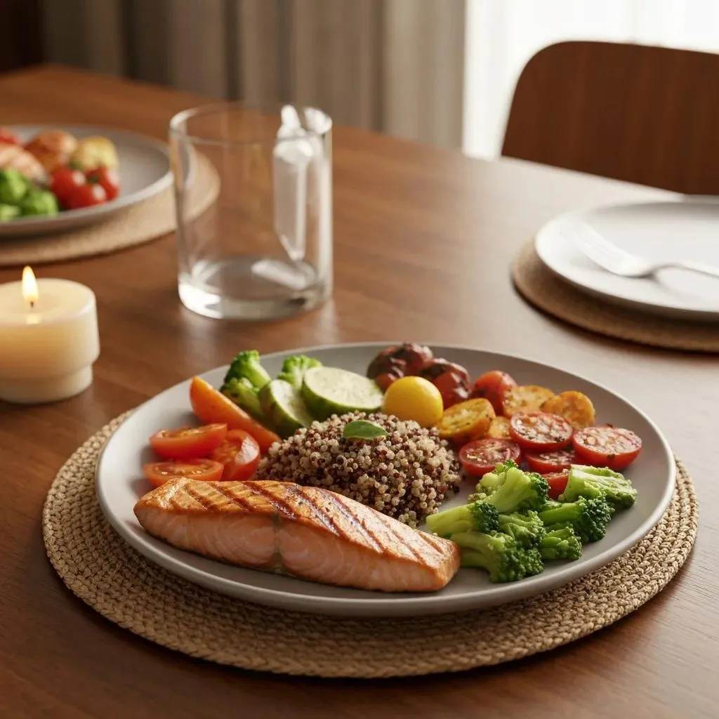 Balanced Plate With Protein, Fiber-Rich Carbs, And Healthy Fats To Support Brain Function