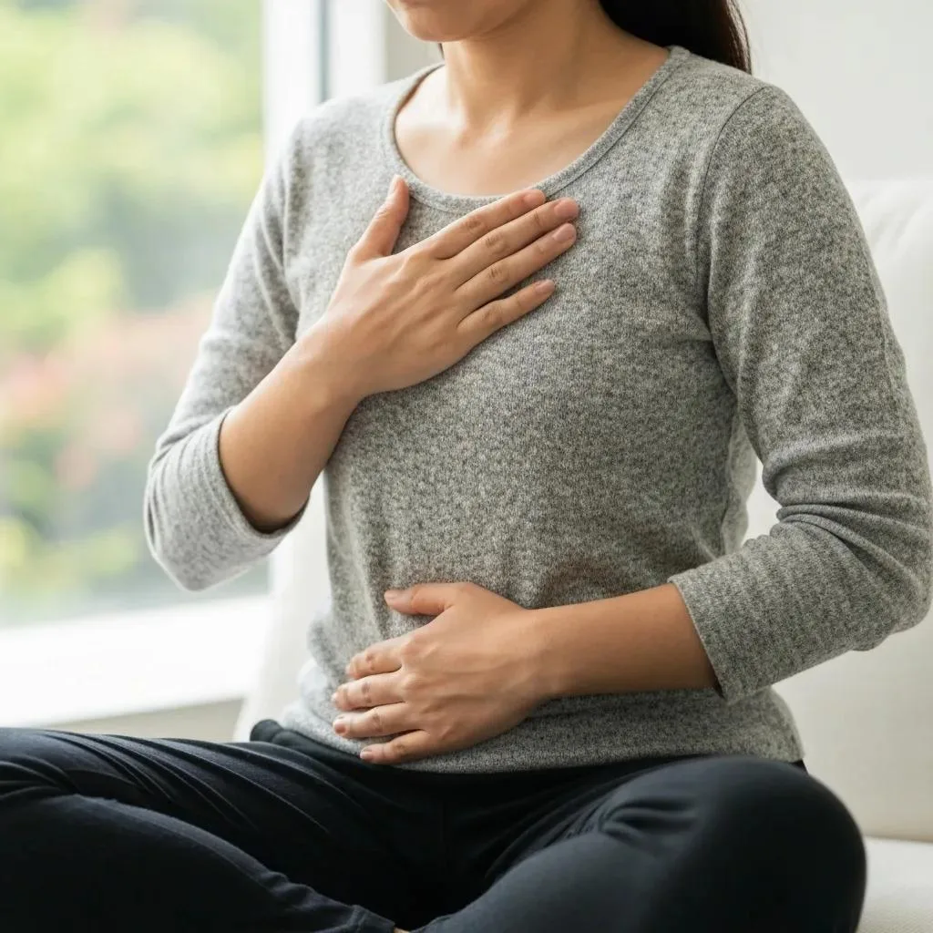 Close-Up Showing Correct Diaphragmatic Breathing Posture: One Hand On Chest, One On Belly