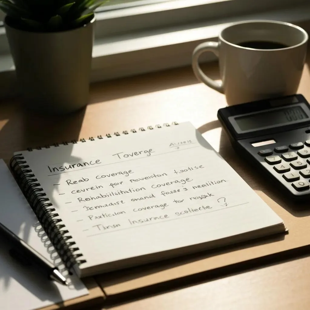 Close-up of a notebook with handwritten notes on insurance terms for rehab coverage, including "Rehab coverage," "Rehabilitation coverage," and "Addiction coverage," alongside a calculator and a coffee cup on a desk.