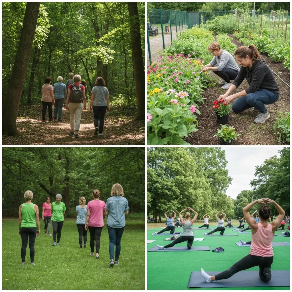 Three Images: A Guided Nature Walk, Hands Planting Seedlings In A Garden, And People Doing Gentle Outdoor Exercise — Representing Emulate'S Outdoor Therapy Programs