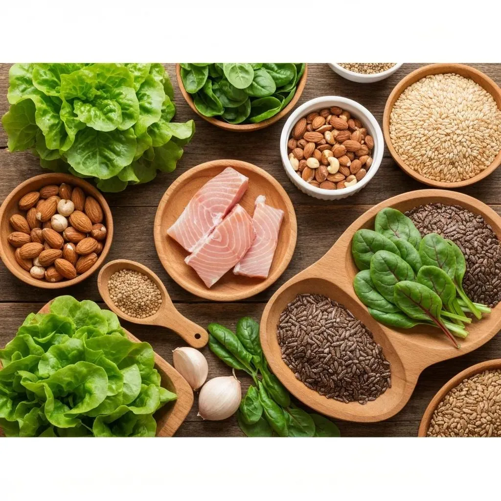 Colorful assortment of healthy foods including fatty fish, leafy greens, nuts, and seeds, emphasizing nutrition's role in mental health recovery and well-being.