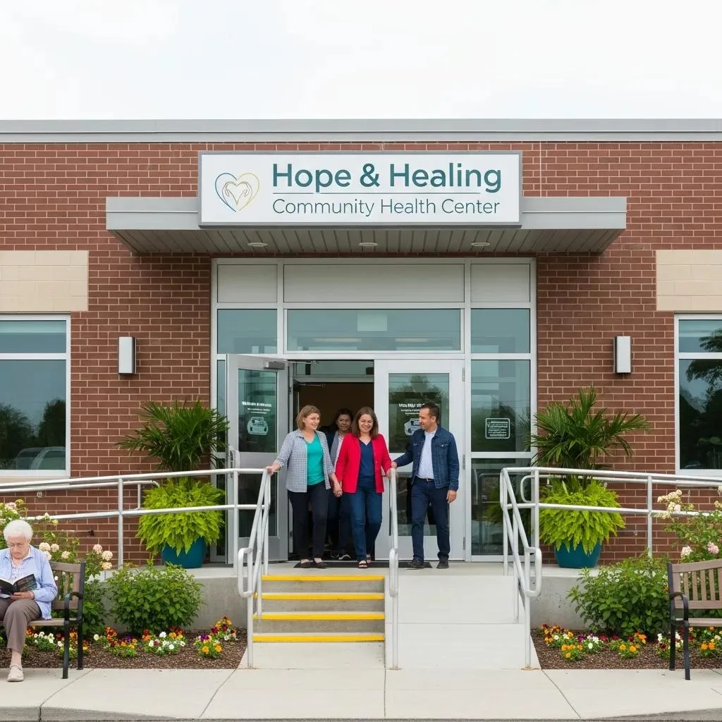 Community Health Center Entrance Where Individuals Seek Government Grants For Addiction Treatment