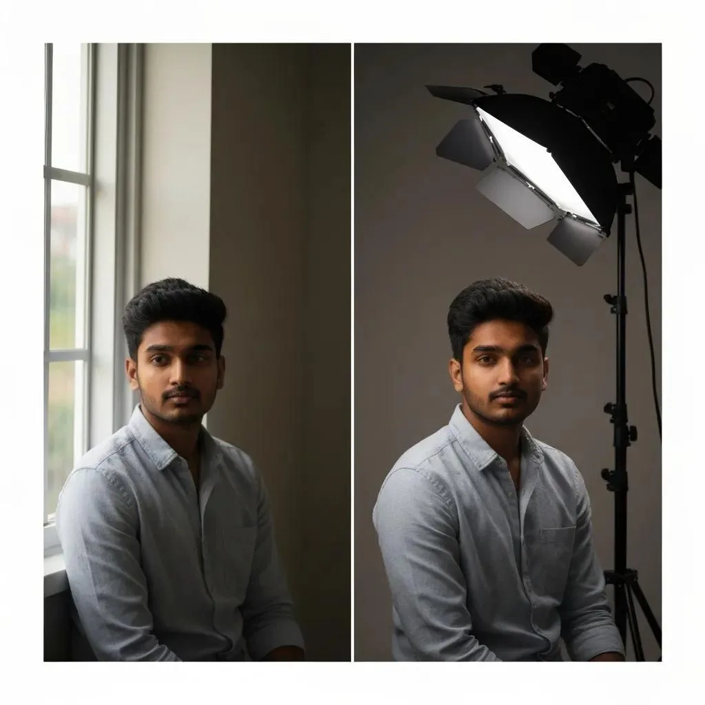 Text-Based Crisis Support Young man sitting by a window and in front of a softbox light, showcasing the contrast between natural and artificial lighting in portrait photography.