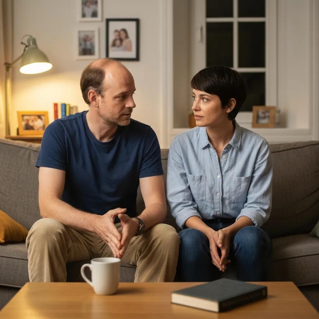 Couple discussing addiction recovery in a cozy living room, emphasizing support and connection
